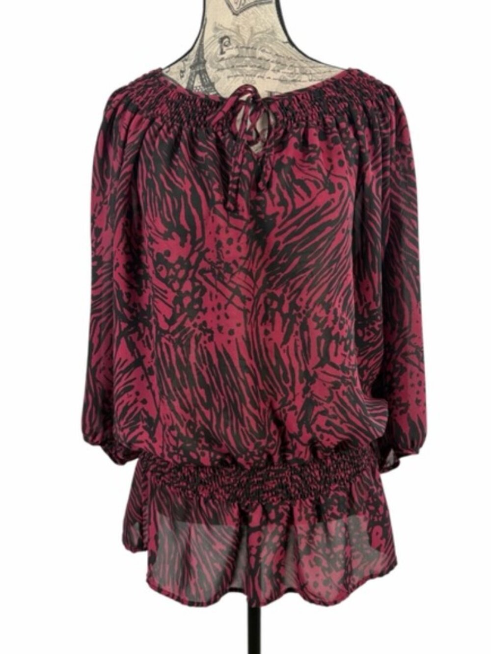 Miss Tina Tina Knowles Cranberry Zebra Print Peasant Blouse L Boho Peplum - Picture 2 of 9